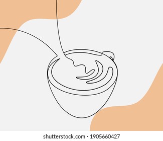 Continuous line, Make latte art by barista focus in milk and coffee. Drawing of set Beverage. (Vector illustration one line drawing)