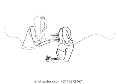 continuous line of makeup artist backstage.one line drawing of artist doing makeup before show.vector line art.isolated white background