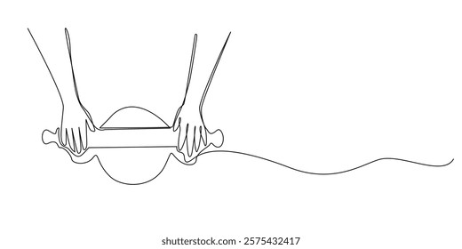 continuous line making bread dough.one line drawing of hand with wooden rolling pin making bread dough.single line vector illustration