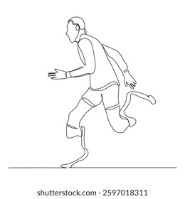 Continuous line of male amputee athlete runner with prosthetic legs run with motivation and passion competition. Single sketch drawing vector illustration 