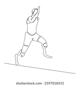 Continuous line of male amputee athlete runner with prosthetic legs run with motivation and passion competition. Single sketch drawing vector illustration 