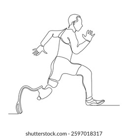 Continuous line of male amputee athlete runner with prosthetic legs run with motivation and passion competition. Single sketch drawing vector illustration 