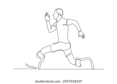 Continuous line of male amputee athlete runner with prosthetic legs run with motivation and passion competition. Single sketch drawing vector illustration 