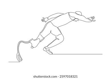 Continuous line of male amputee athlete runner with prosthetic legs run with motivation and passion competition. Single sketch drawing vector illustration 