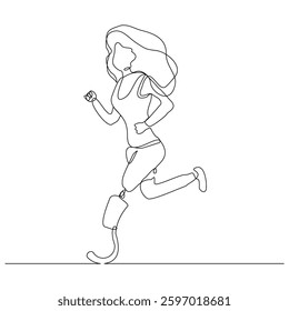 Continuous line of male amputee athlete runner with prosthetic legs run with motivation and passion competition. Single sketch drawing vector illustration 