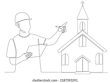 
continuous line male architect building church vector illustration