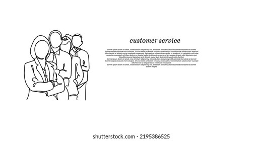 continuous line of male and female customer service. line drawing of standing customer service group people