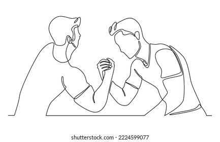 Continuous line of man arm wrestling, wrestling, a dispute between two friends