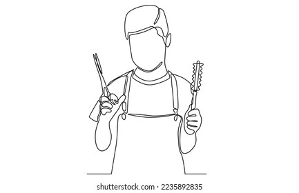 continuous line of man barber masculine holding comb and scissors
