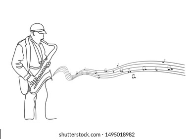 Continuous line Man blowing the trumpet instrument jazz
Simple style hand drawn music style vector illustration