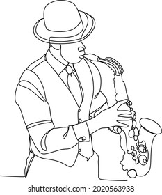 Continuous line Man blowing the trumpet instrument jazz Simple style hand drawn music style vector illustration