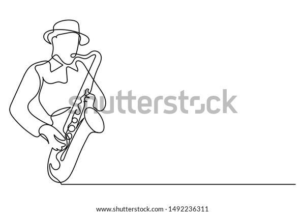 トランペット インスツルメント ジャズを吹く連続ラインマン 手描きの簡単な手描きの音楽スタイルのベクターイラスト のベクター画像素材 ロイヤリティフリー