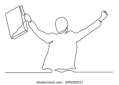 
Continuous line. man businessman with a briefcase is holding his hands up. concept of a successful transaction, joy, profitability of business.