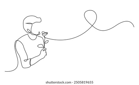 continuous line of man carrying a flower.one line drawing of romantic man,giving flowers to lover.single line vector illustration.isolated white background