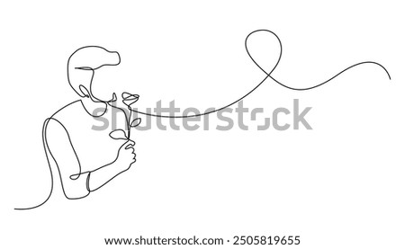 continuous line of man carrying a flower.one line drawing of romantic man,giving flowers to lover.single line vector illustration.isolated white background
