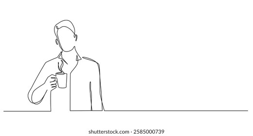 continuous line of man in casual clothes showing cup of coffee.one line drawing of free time relaxing to drink coffee.single line vector illustration.isolated white background