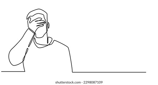 continuous line of man closing eyes.one line drawing of man closing eyes.man tired,sad,disappointed,crying,sick