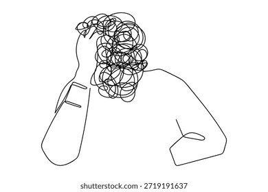 Una línea continua de un hombre cubriendo su cabeza con sus manos, sus pensamientos acelerados. Ilustración gráfica de Vector de diseño de línea única.