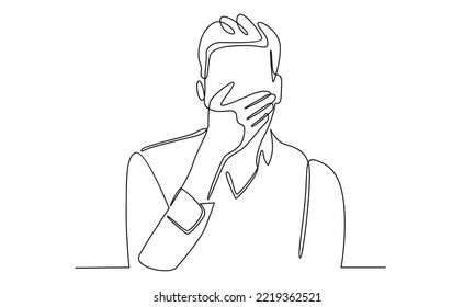 continuous line of man covering mouth with hands
