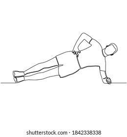  Continuous line of man doing a side plank exercise vector.