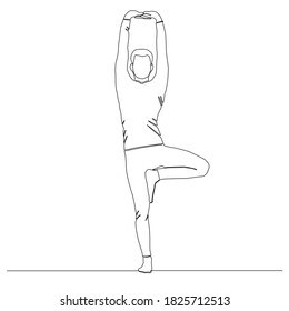 Continuous  line of man doing Yoga. Stretching arms and lift up one leg 