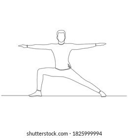 Continuous line of man doing Yoga in warrior 2 pose. spreading both arms and left leg vector.