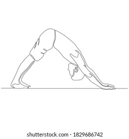 Continuous line of man doing Yoga in Downward Facing Dog pose. Yoga exercise vector