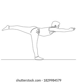 Continuous line of man doing Yoga in warrior 3 pose. Yoga exercise vector