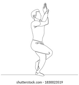 Continuous line of man doing Yoga in eagle pose. Yoga exercise vector.