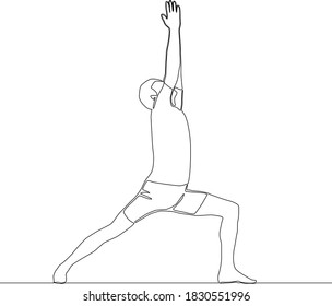 Continuous line of man doing Yoga in Warrior 1 pose. Stretching exercise concept vector.