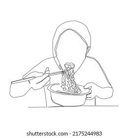 Continua línea de hombre comiendo fideos deliciosamente vectores.