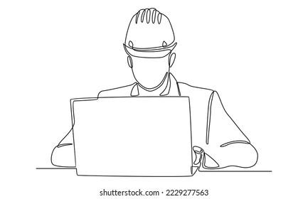 continuous line of man engineering working with laptop