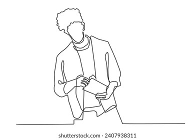 continuous line of man enjoying a snack.lifestyle of curly haired man enjoying a snack.vector one line isolated white background