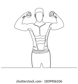 Continuous line of man flexing muscles and showing strong six packs vector.