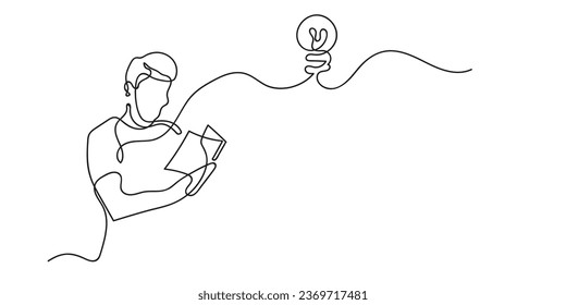 continuous line of man getting an idea while reading a book.isolated white background