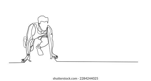 continuous line of man getting ready to run.single line man crouching down ready to run.men health,hobby sport,marathon single line concept