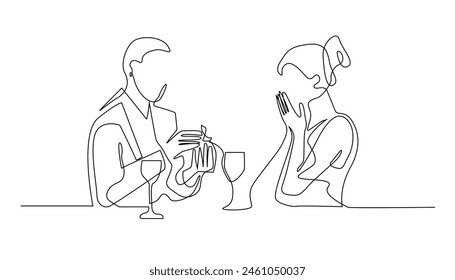 continuous line of man giving surprise to woman at romantic dinner.one line drawing of couple giving ring while eating together.one line vector illustration