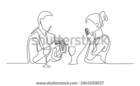continuous line of man giving surprise to woman at romantic dinner.one line drawing of couple giving ring while eating together.one line vector illustration