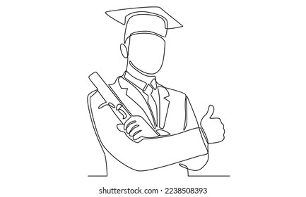 continuous line of man happy graduate with diploma