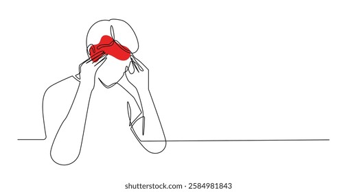 continuous line of man having headache.one line drawing of man holding his head with both hands.single line vector illustration of health concept.isolated white background