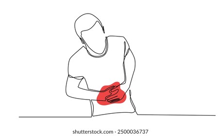 Línea continua del hombre que tiene dolor de estómago. Dibujo de una línea del hombre adulto que sostiene el estómago. Problemas con la digestión. Ilustración vectorial de una sola línea. Fondo blanco aislado