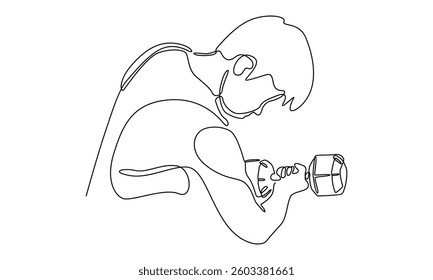 Continuous line of man holding a dumbbell