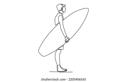 Continuous line of man holding a surfboard