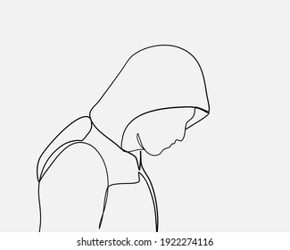 Continuous line  Man in the hood Hacker  Drawing set Winter  (Vector illustration one line drawing)