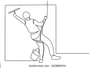 continuous line The man of the industrial climber is engaged in the cleaning of the facade of the building. cleaning of glasses. Drawing black thin line on white background