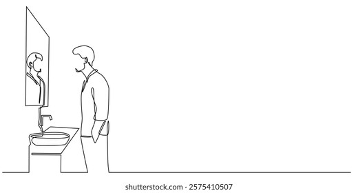 continuous line of man looking in the mirror.one line drawing of man standing and looking in the mirror in the sink glass.single line vector illustration.isolated white background