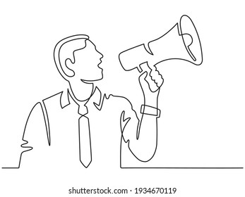 Continuous line man with megaphone. Male silhouette screams in loudspeaker. Businessman hires employee, protests or announces vector concept