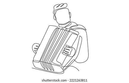 Continuous line of man musician playing accordion. Male performer plays acoustic musical instrument