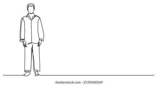 continuous line of man in nightgown.one line drawing of standing man wearing nightwear.single line vector illustration.isolated white background