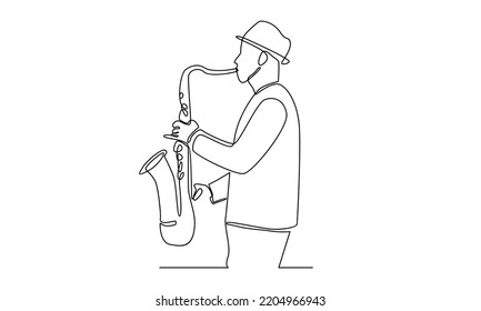 Continuous line of Man playing the trumpet instrument jazz